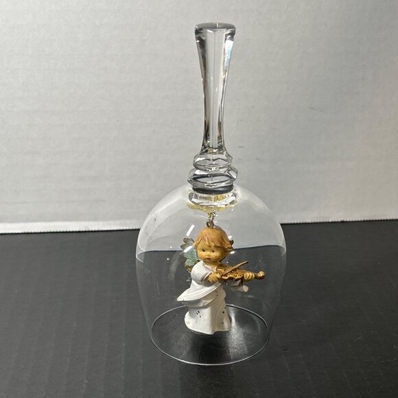 Vintage Crystal Glass Bell with Cherub Angel Playing Violin Home Decor 6'' Tall - Picture 1 of 6